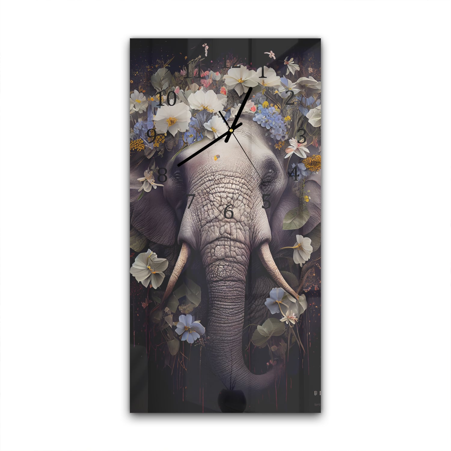 Wanduhr 30x60 - Elefantenporträt mit Blumen