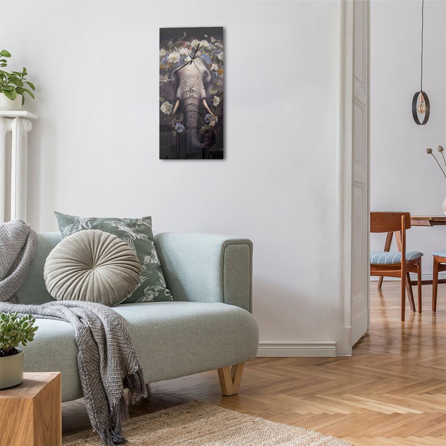 Wanduhr 30x60 - Elefantenporträt mit Blumen