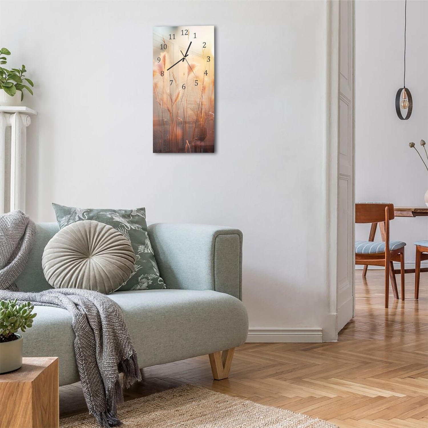 Wanduhr 30x60 - Sonnenuntergang im Grasfeld