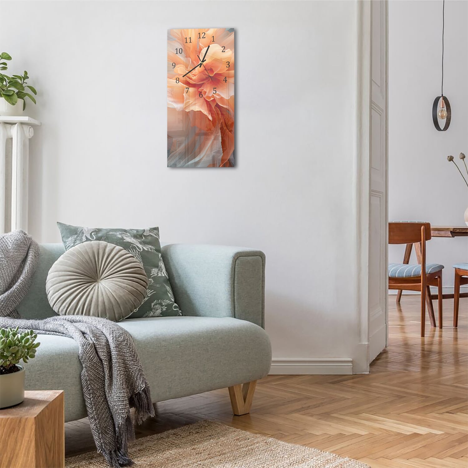 Wanduhr 30x60 - Tanzende orange Blume