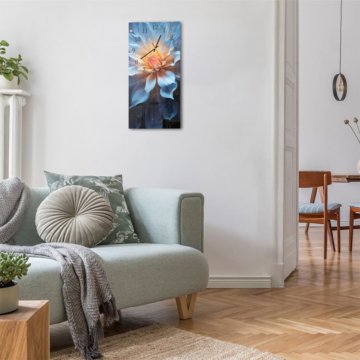 Wanduhr 30x60 - Strahlende blaue Dahlie