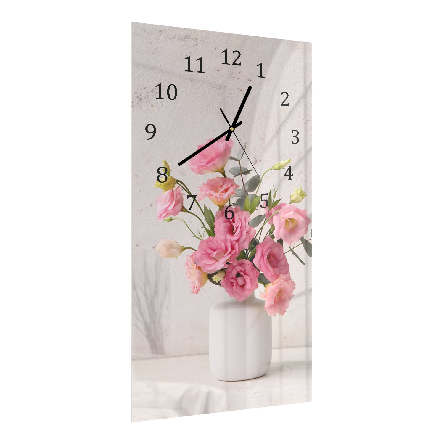 Wanduhr 30x60 - Rosa Eustoma in weißer Vase