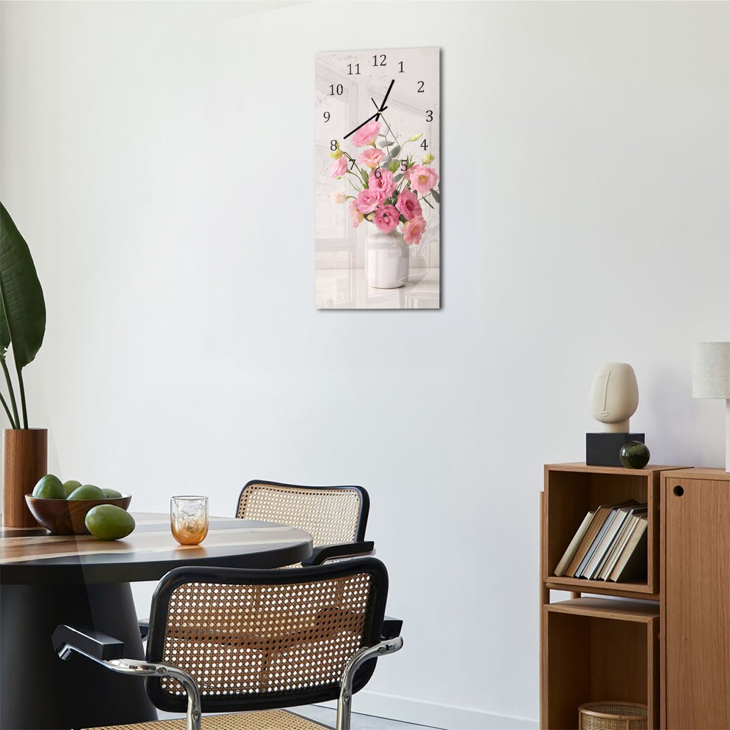Wanduhr 30x60 - Rosa Eustoma in weißer Vase