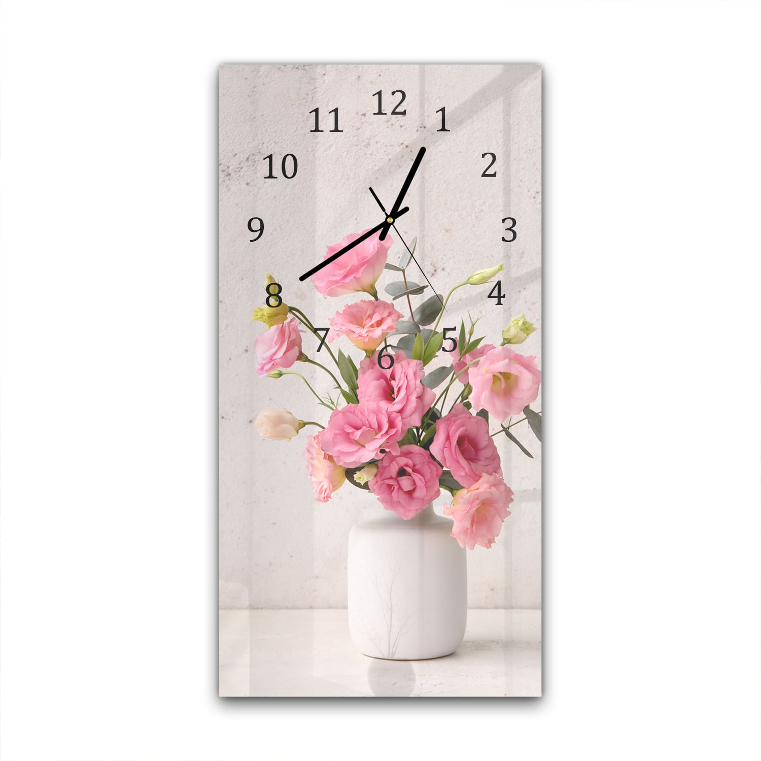 Wanduhr 30x60 - Rosa Eustoma in weißer Vase