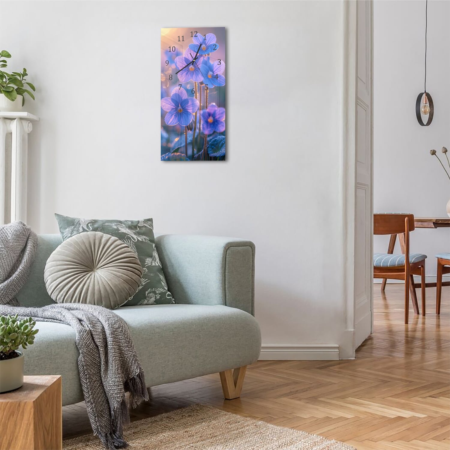 Wanduhr 30x60 - Veilchen in der Morgensonne