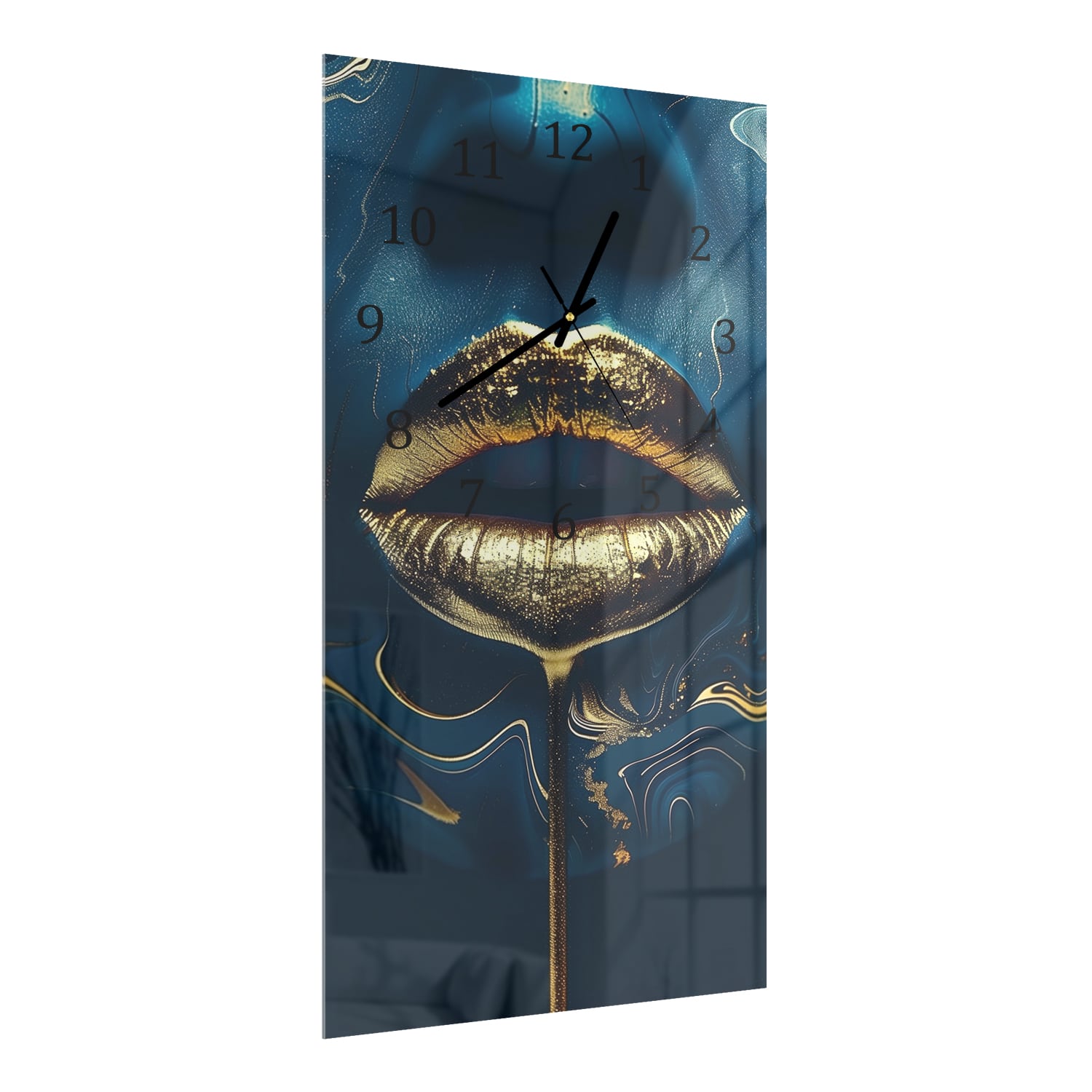 Wanduhr 30x60 - Goldene Lippen in abstrakter Kunst