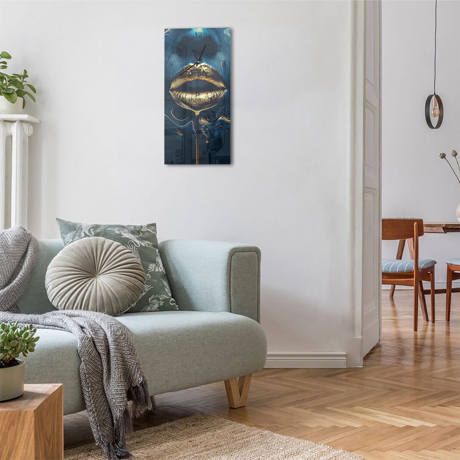 Wanduhr 30x60 - Goldene Lippen in abstrakter Kunst