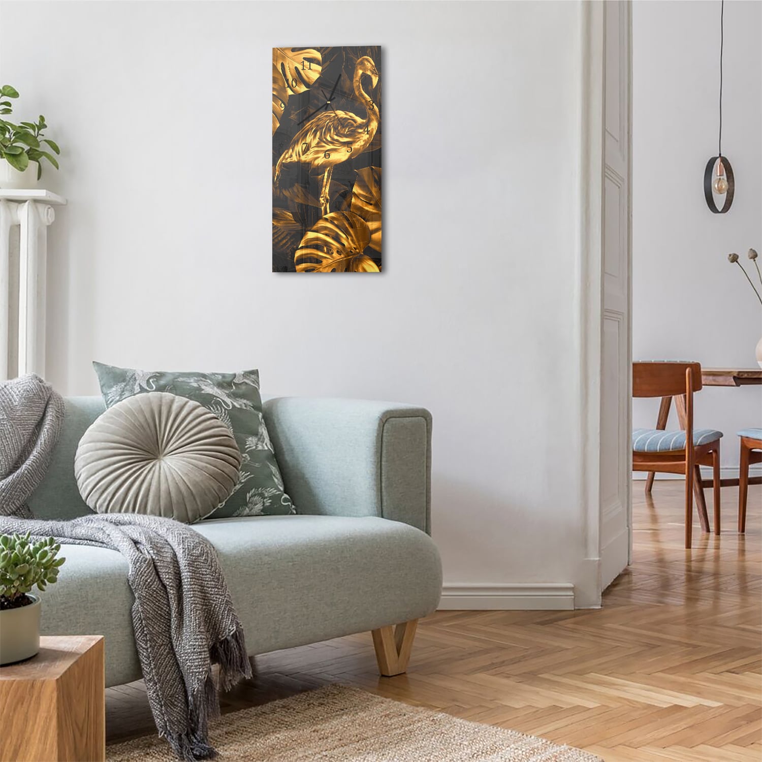 Wanduhr 30x60 - Nächtlicher goldener Flamingo