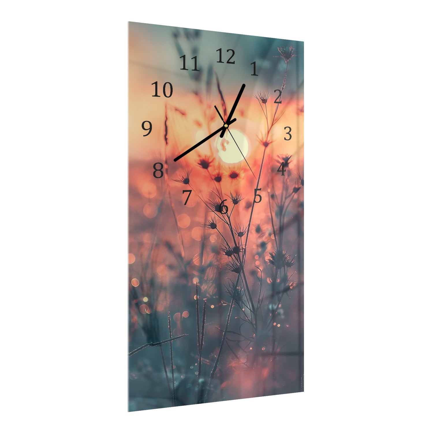 Wanduhr 30x60 - Sonnenaufgang über dem Blumenfeld