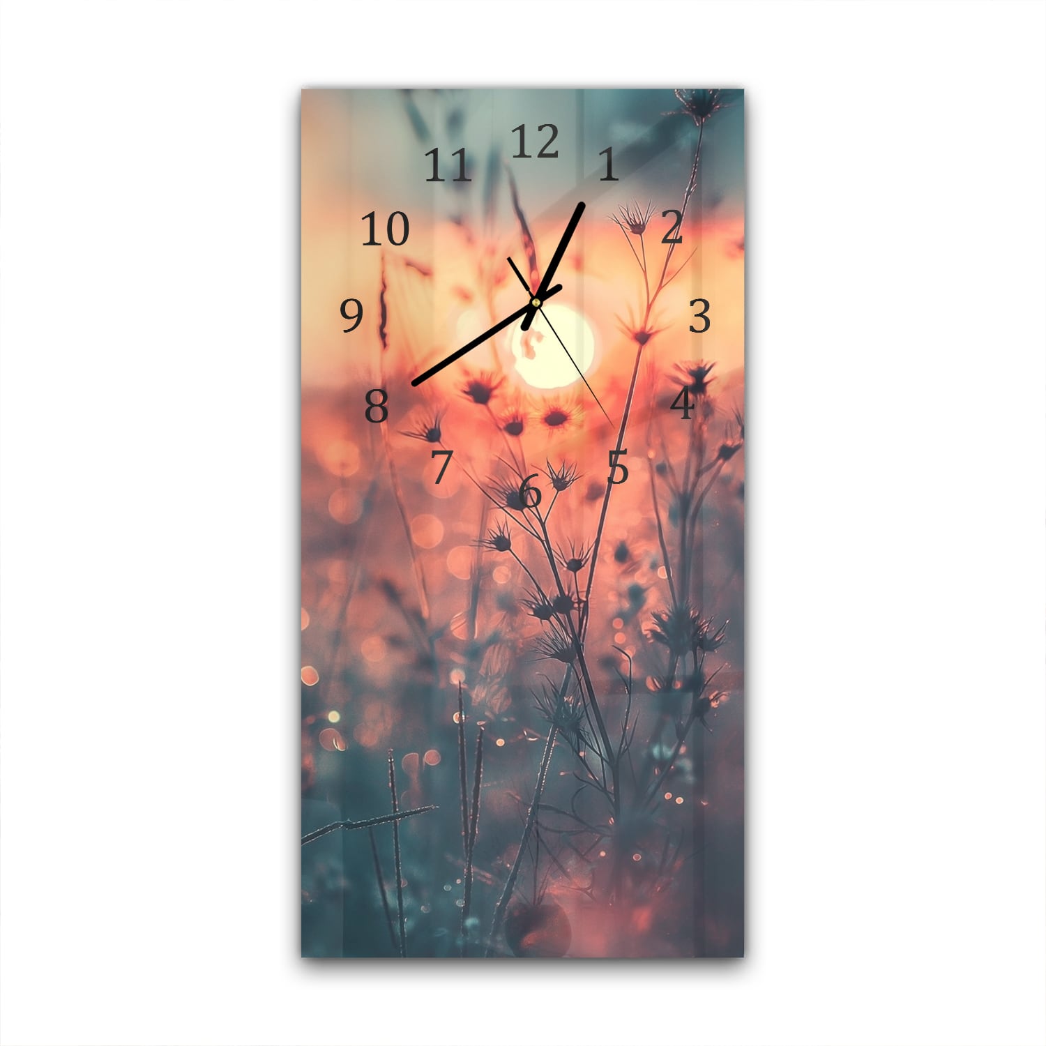 Wanduhr 30x60 - Sonnenaufgang über dem Blumenfeld