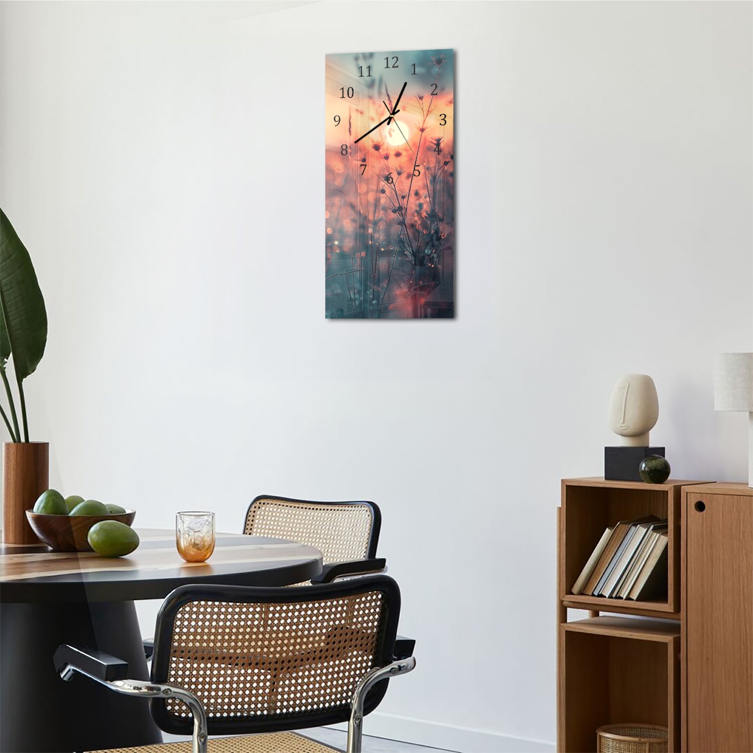 Wanduhr 30x60 - Sonnenaufgang über dem Blumenfeld