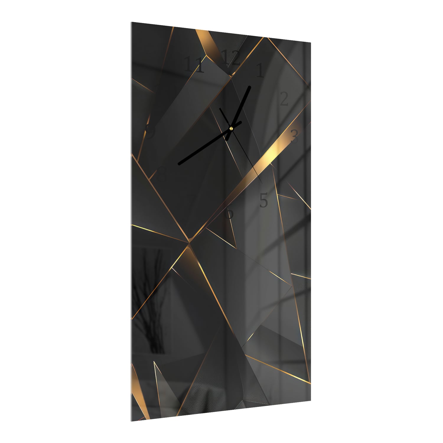 Wanduhr 30x60 - Goldene Linien auf schwarzer Geometrie
