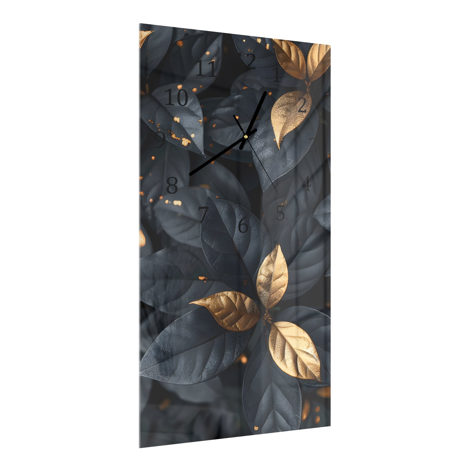 Wanduhr 30x60 - Schwarz-Goldenes Blattmuster