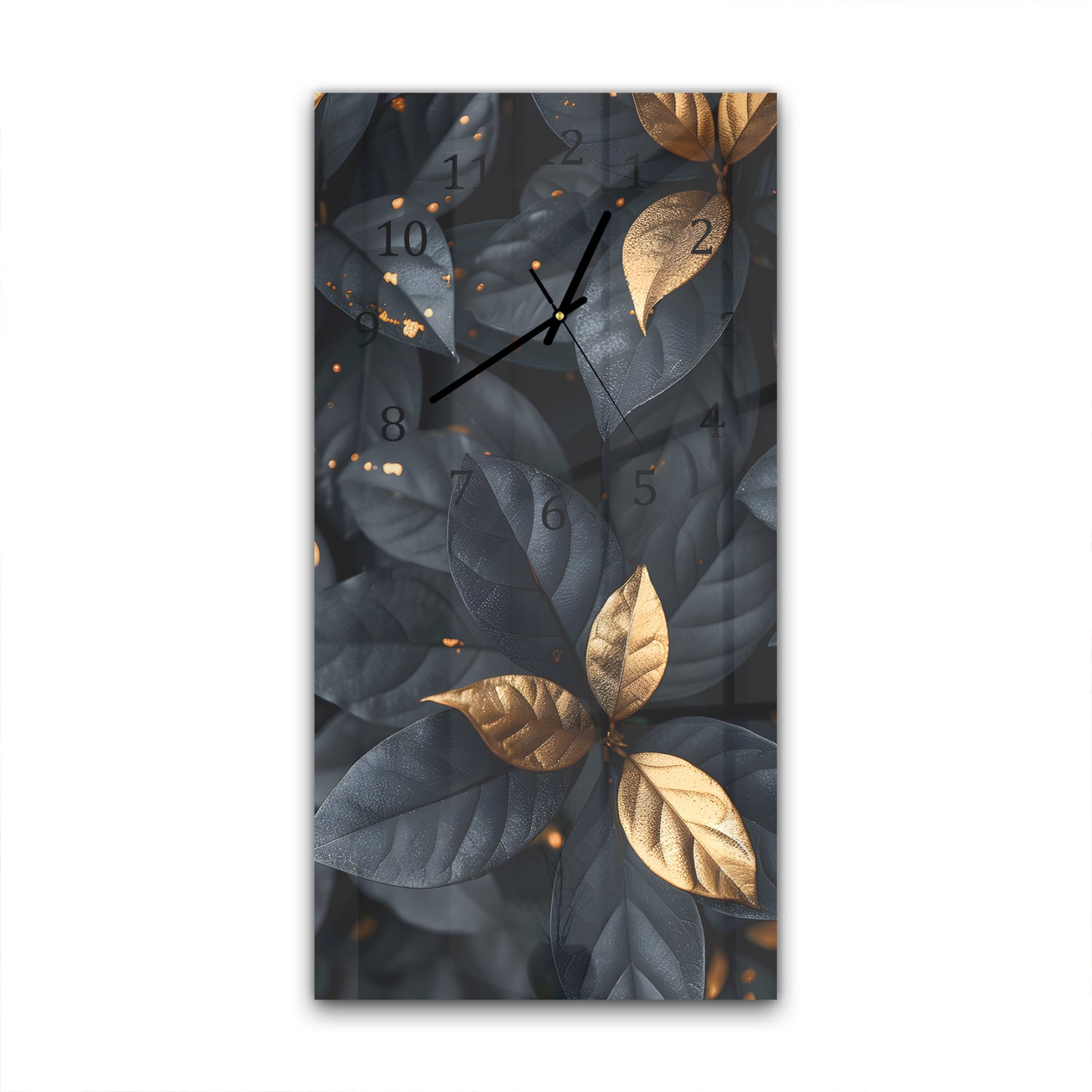 Wanduhr 30x60 - Schwarz-Goldenes Blattmuster