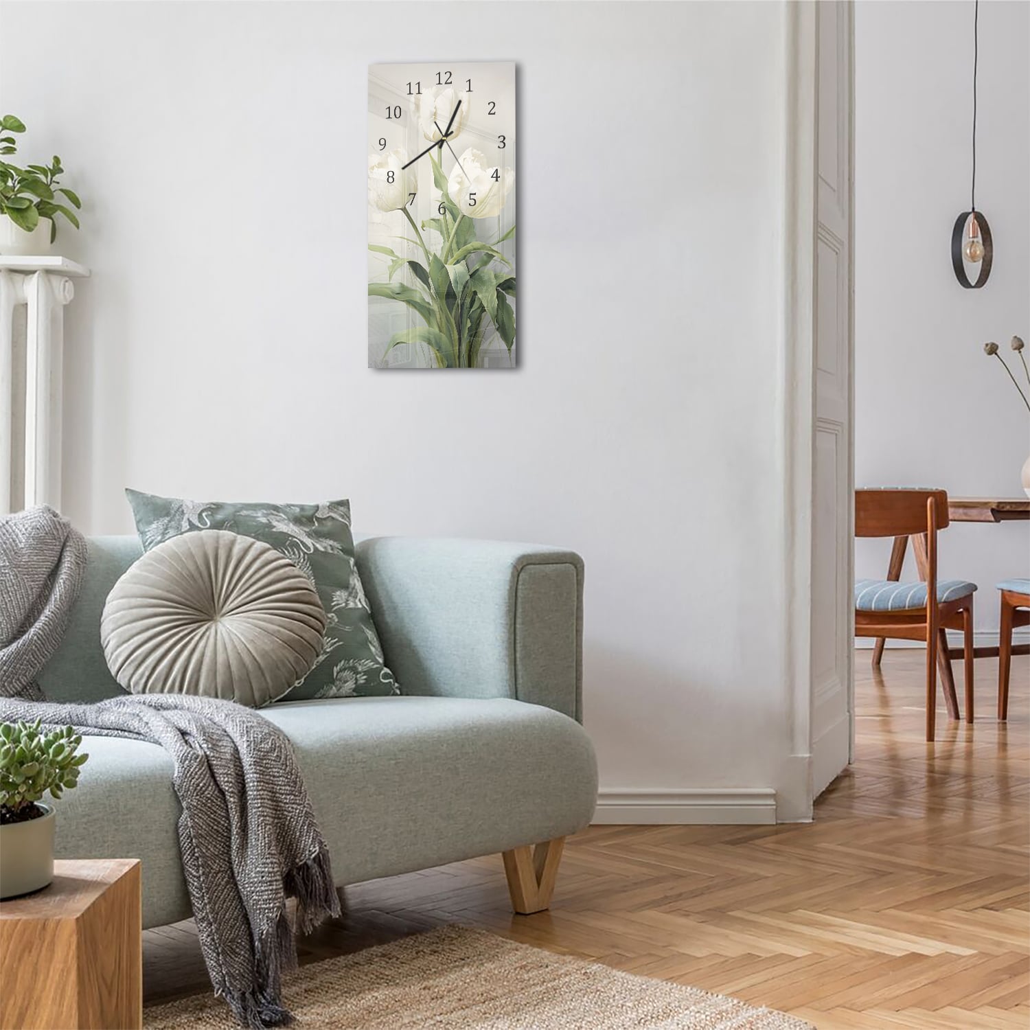 Wanduhr 30x60 - Romantische weiße Tulpen