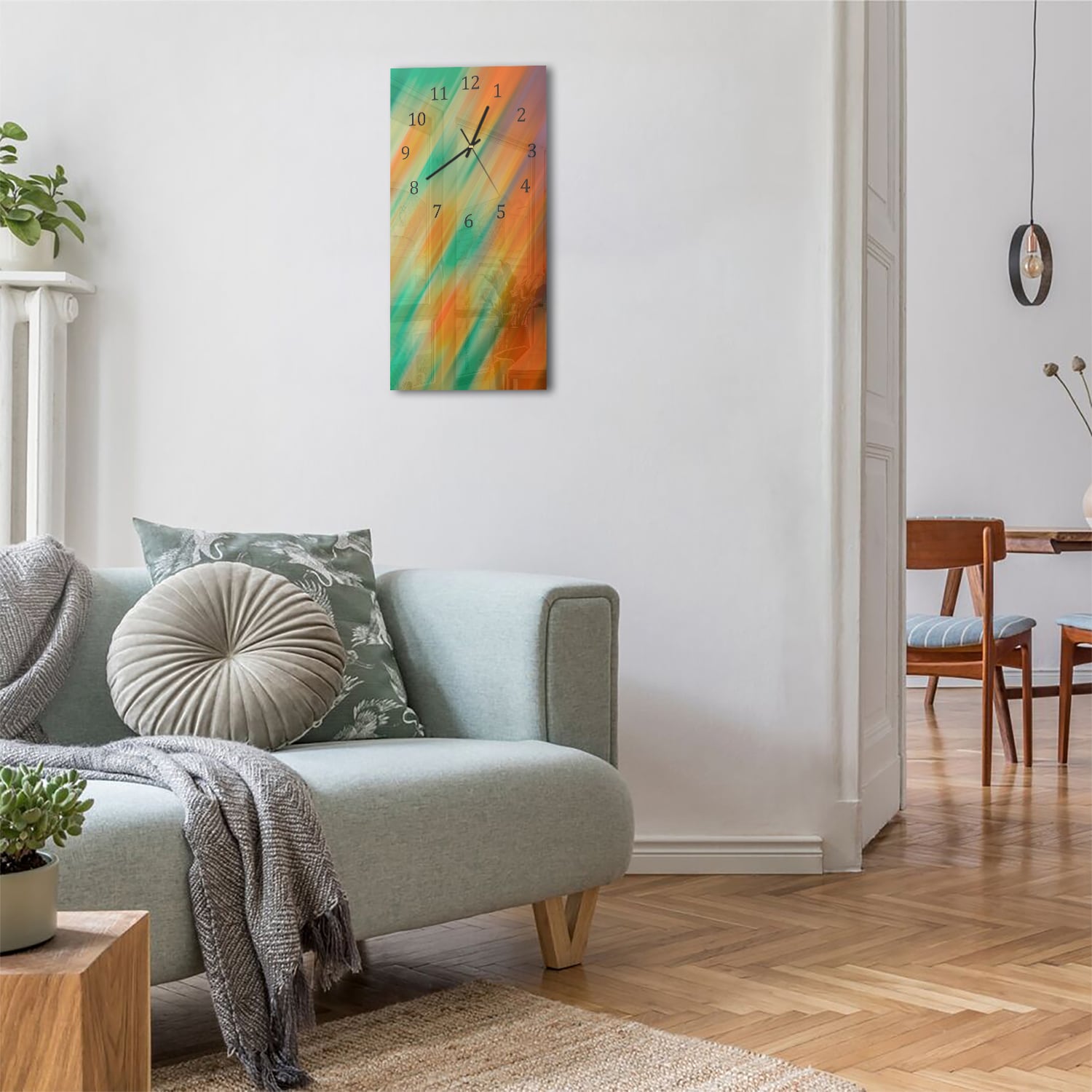 Wanduhr 30x60 - Orange & Grüne Abstraktion
