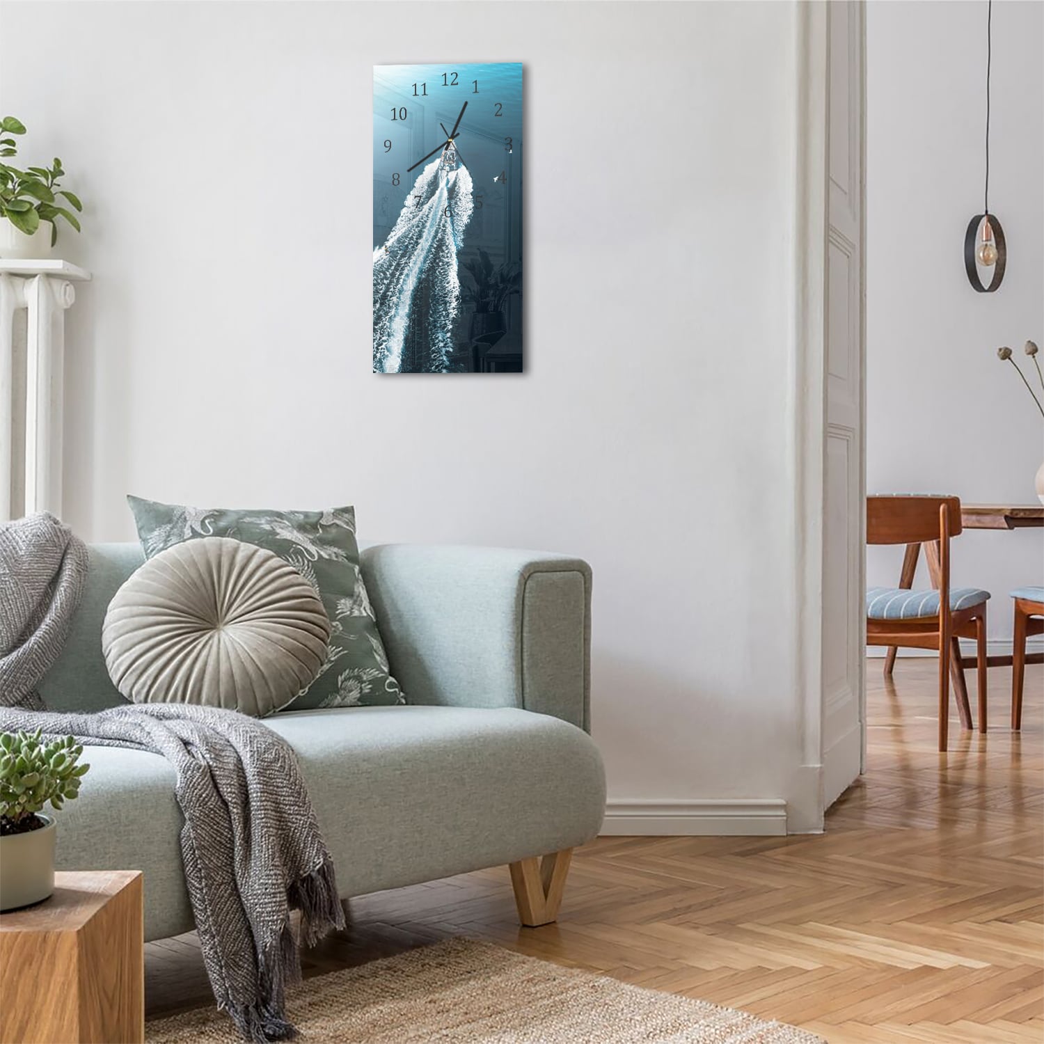 Wanduhr 30x60 - Schlauchboot auf dem Wasser