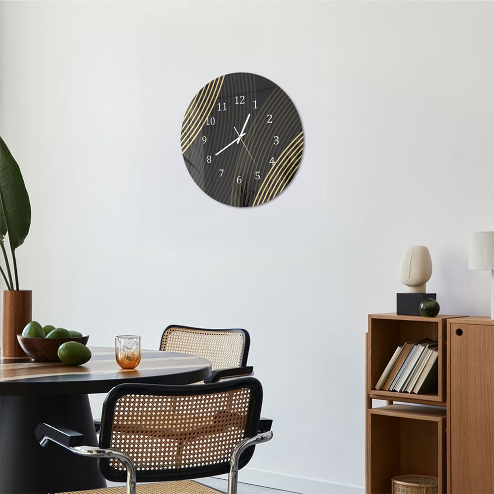 Wanduhr Rund - Goldene Linien auf schwarzem Hintergrund
