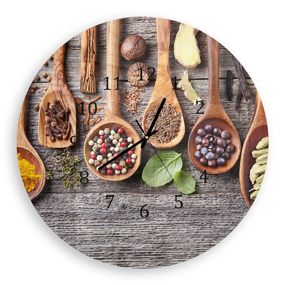 Wanduhr Rund - Holzlöffel mit Kräutern