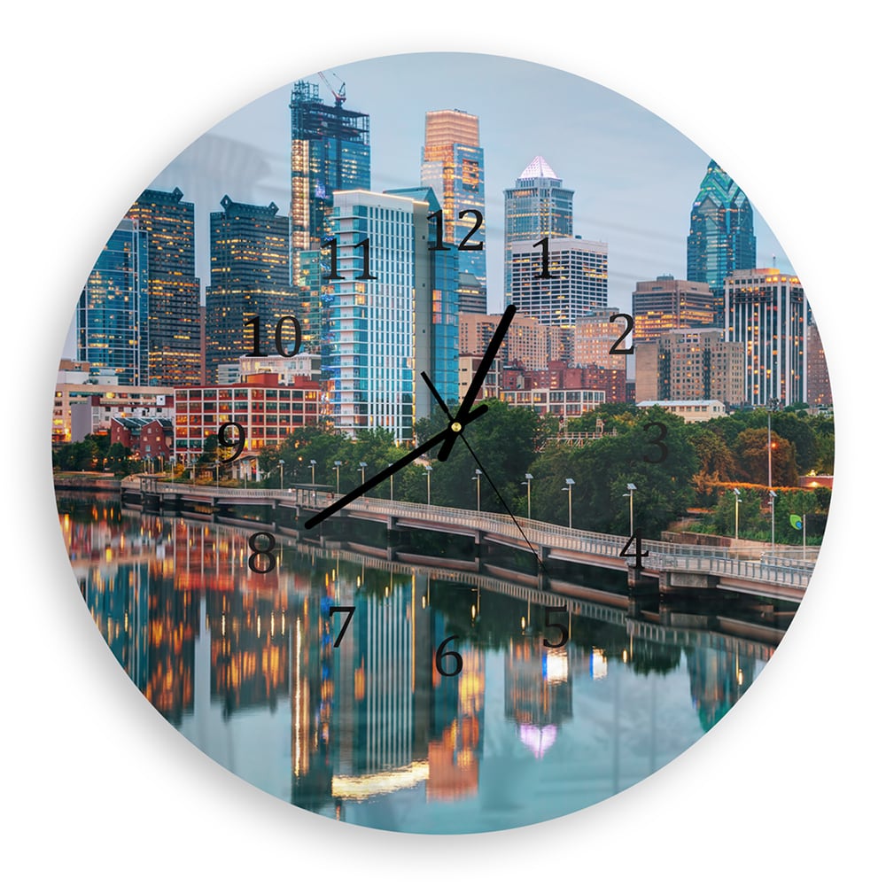 Wanduhr Rund - Philadelphia Skyline bei Nacht