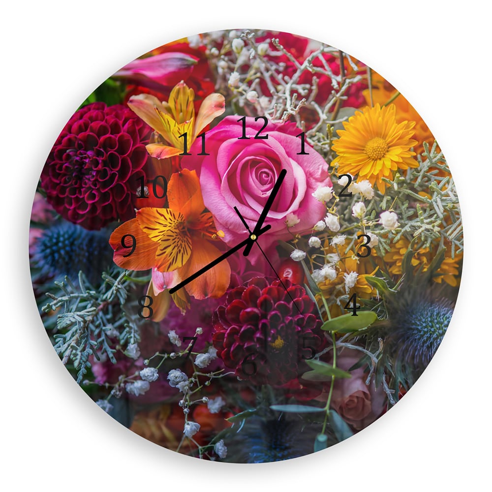 Wanduhr Rund - Lebendiger Blumenstrauß
