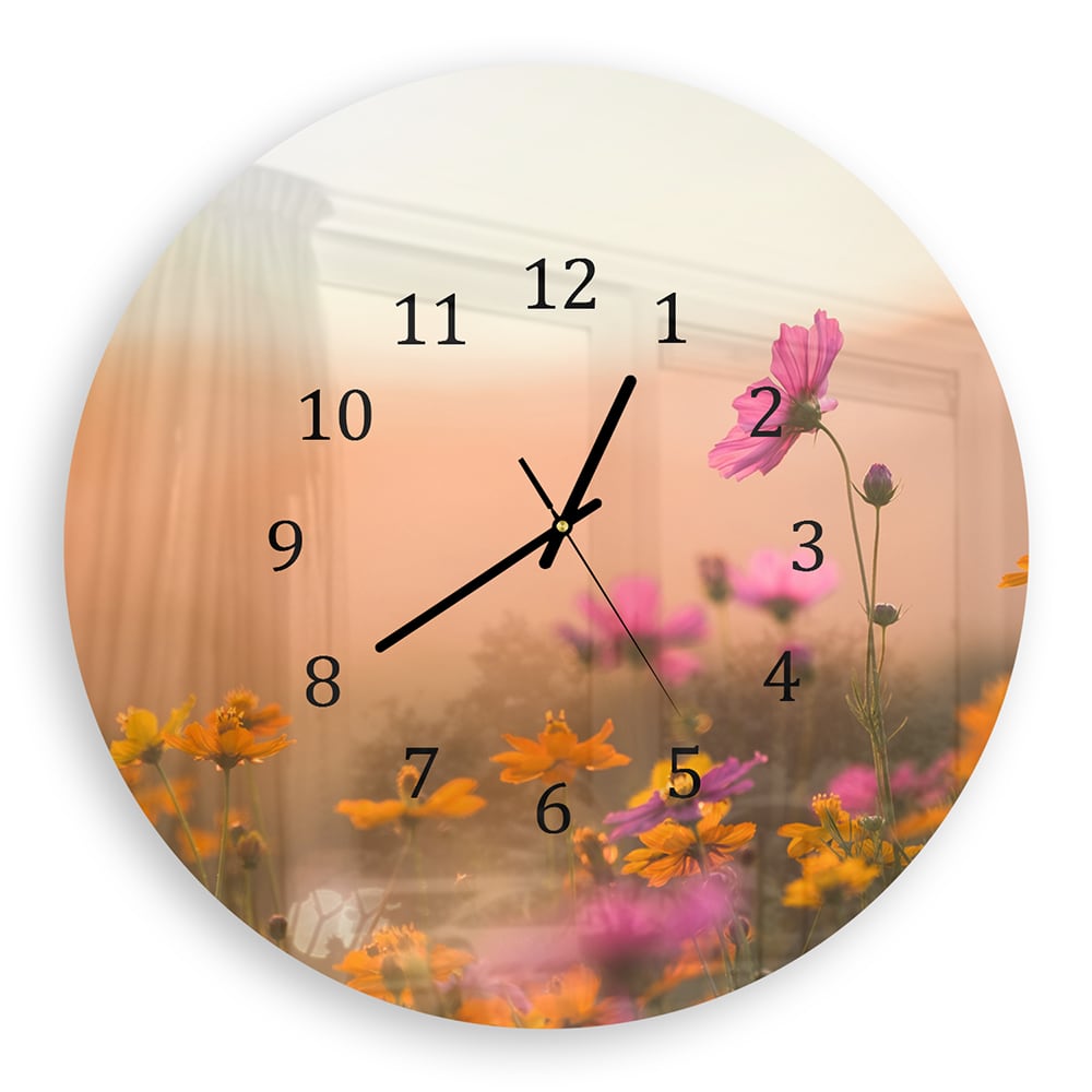 Wanduhr Rund - Bunte Blumen bei Sonnenuntergang