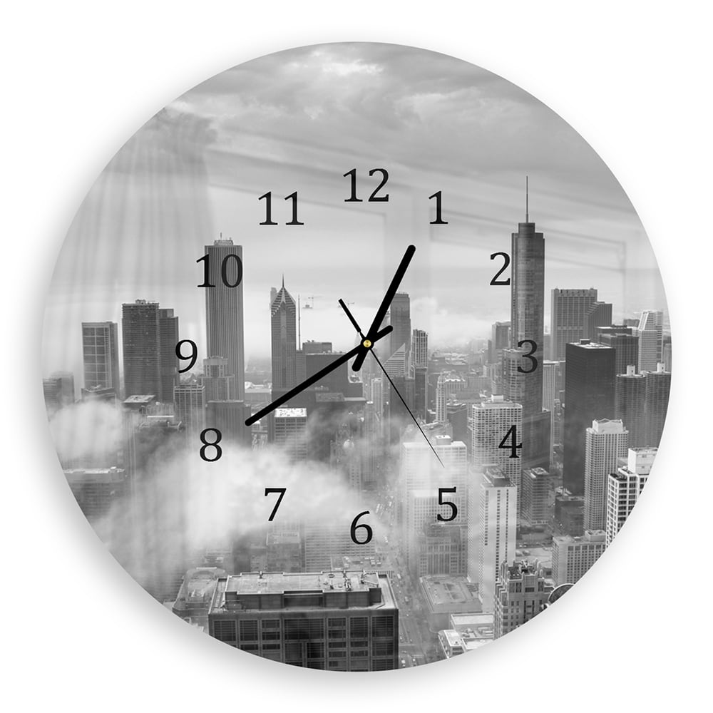 Wanduhr Rund - Chicago Skyline im Nebel