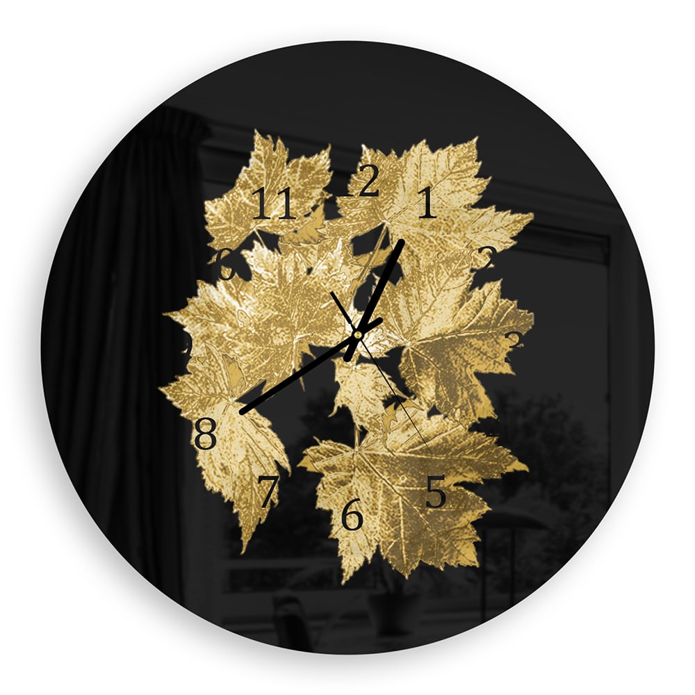 Wanduhr Rund - Goldene Blätterstruktur