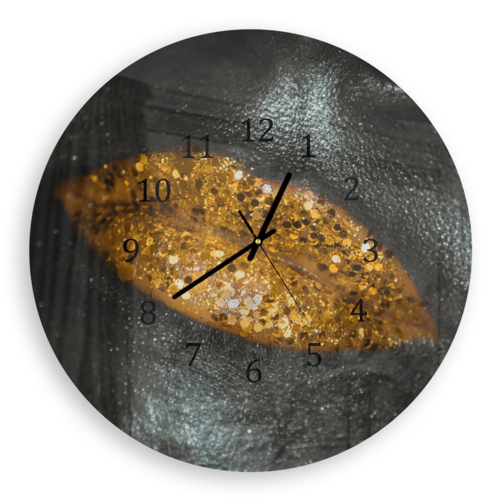 Wanduhr Rund - Goldene Glitzerlippen