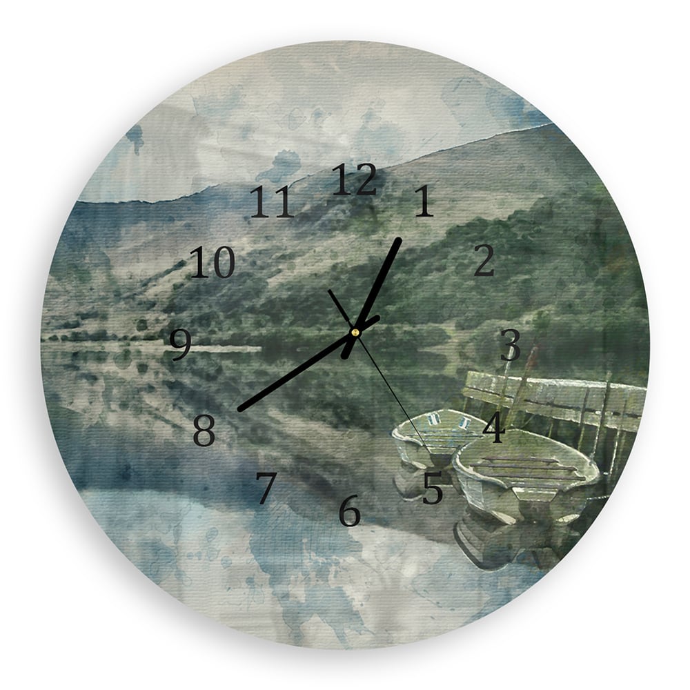 Wanduhr Rund - Aquarell-Bergseegemälde