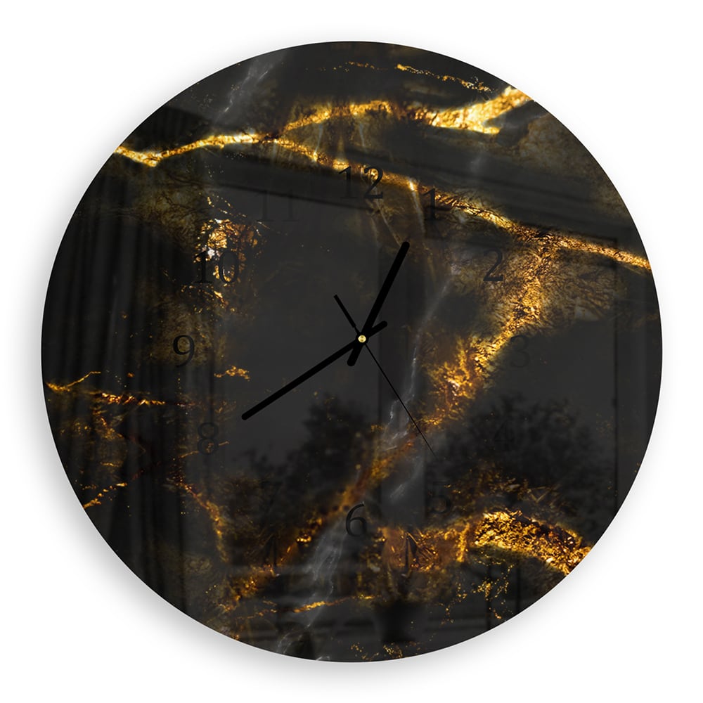 Wanduhr Rund - Goldene Adern auf schwarzem Marmor