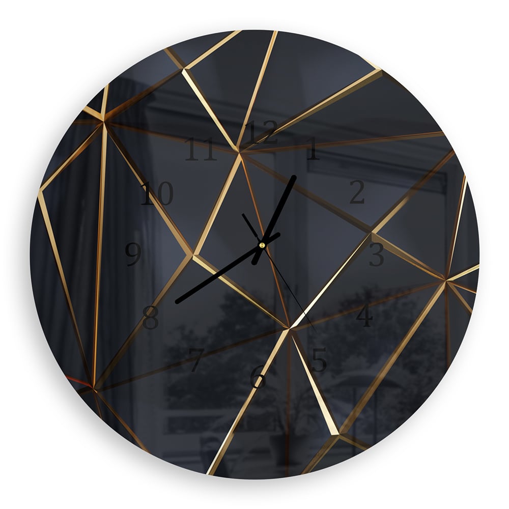 Wanduhr Rund - Schwarz-goldene geometrische Formen