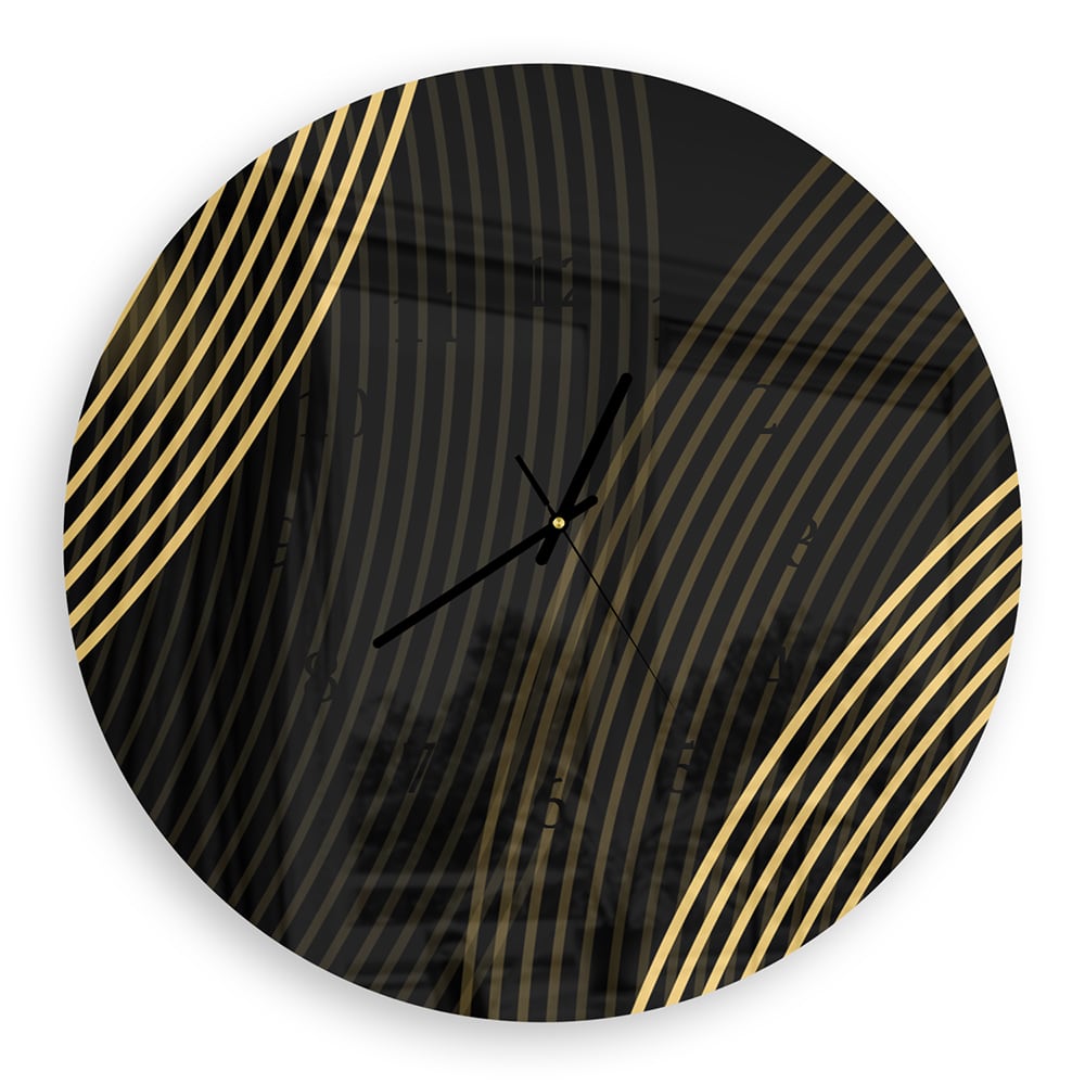 Wanduhr Rund - Goldene Linien auf schwarzem Hintergrund