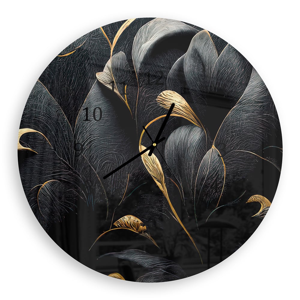 Wanduhr Rund - Luxuriöses Schwarz-Gold-Blumenmuster
