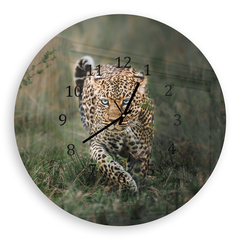 Wanduhr Rund - Leopard im Gras