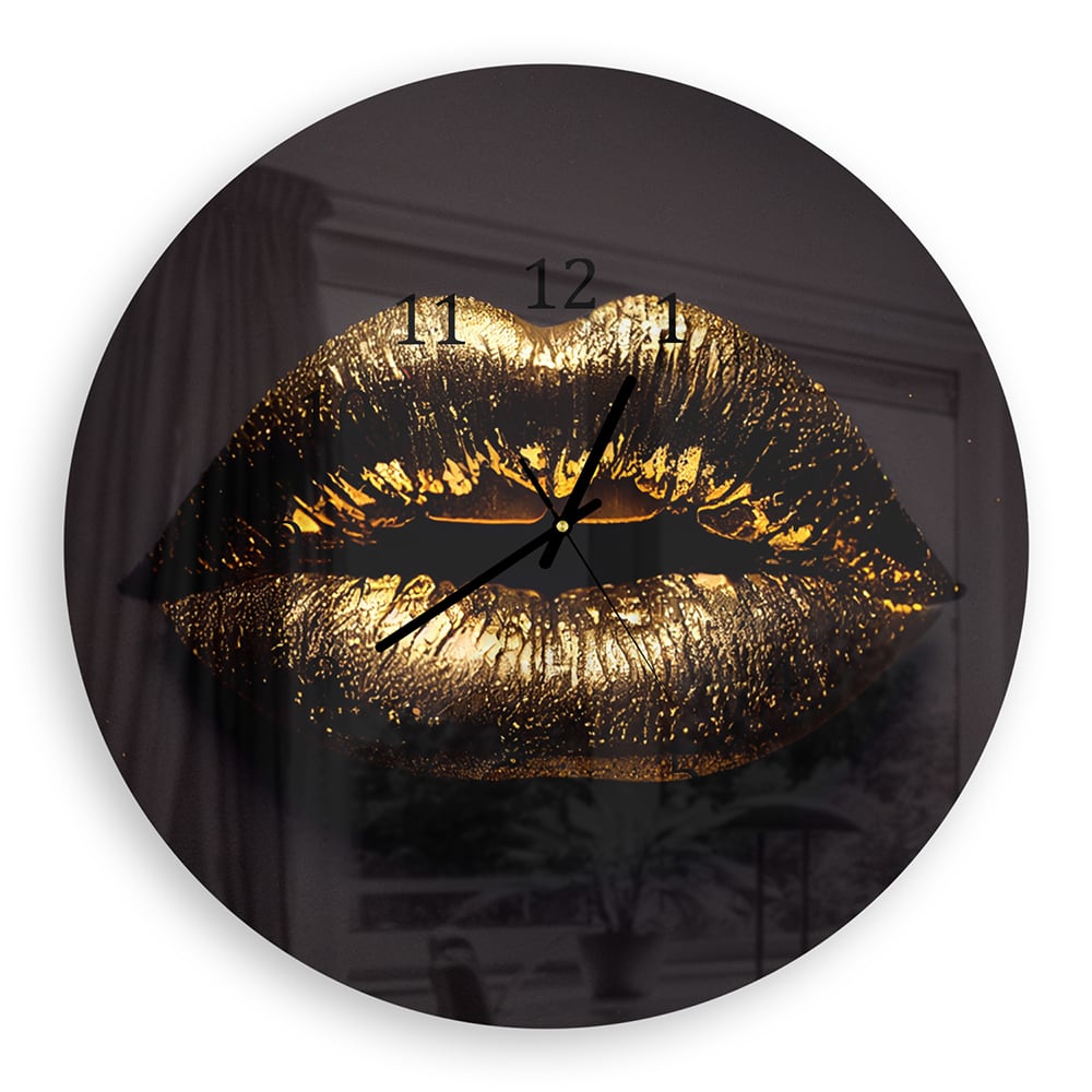 Wanduhr Rund - Goldene Lippen auf schwarzem Hintergrund