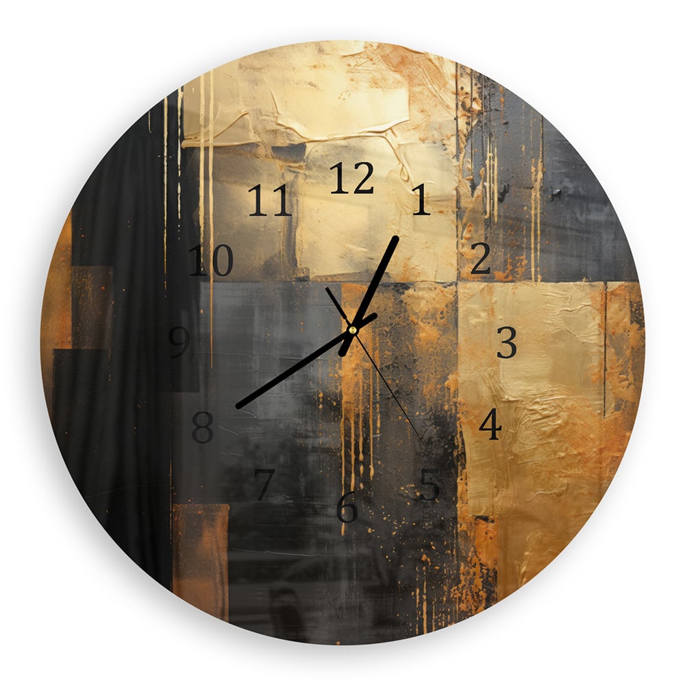 Wanduhr Rund - Gold/Schwarz abstraktes Gemälde