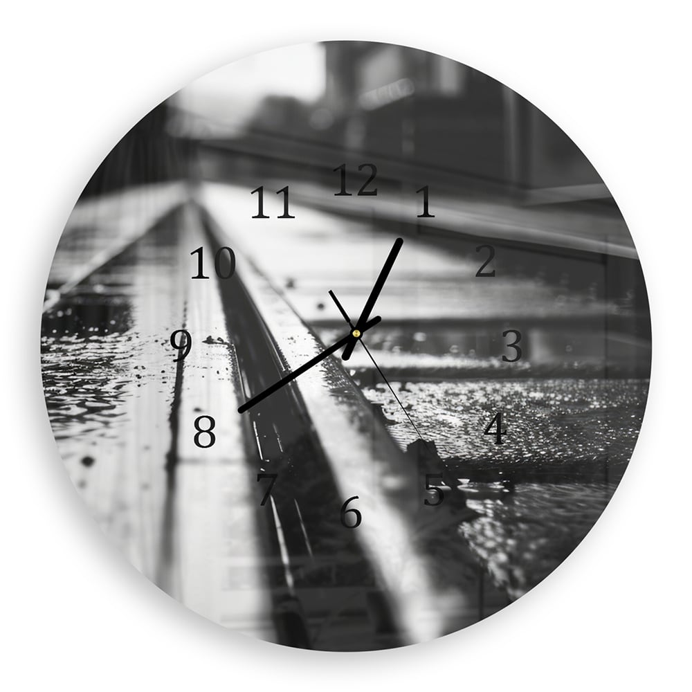 Wanduhr Rund - Schwarz-weiß Bahngleis