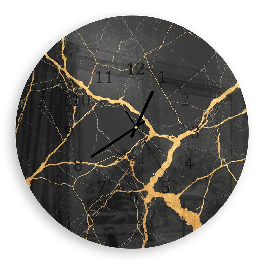 Wanduhr Rund - Goldene Adern in schwarzem Marmor