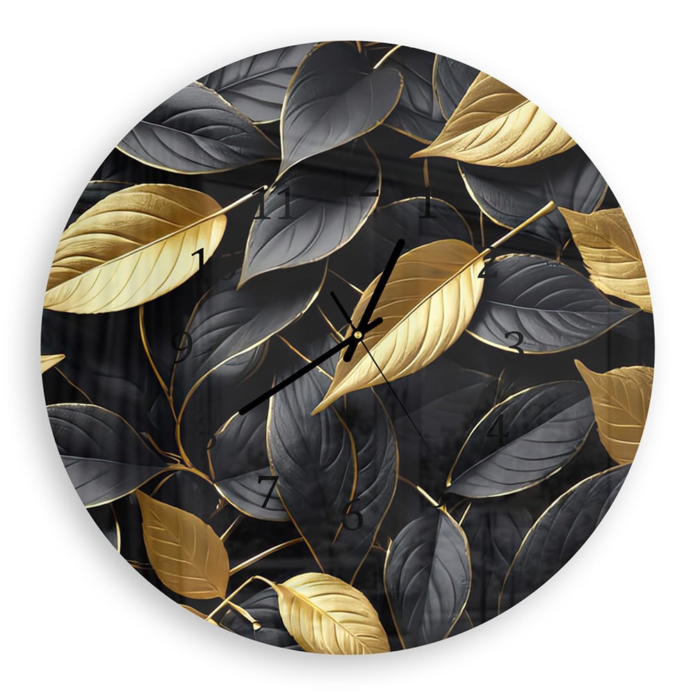Wanduhr Rund - Gold-Schwarz-Blattmuster