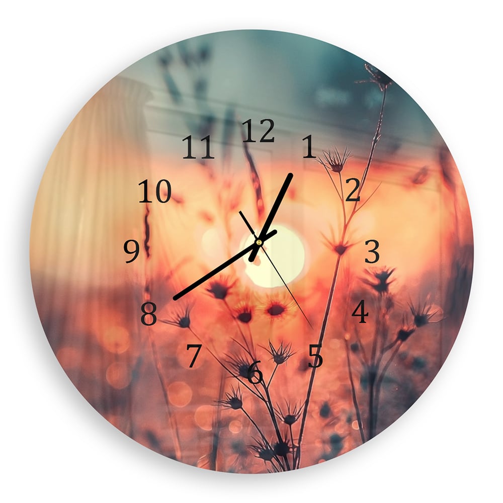 Wanduhr Rund - Sonnenaufgang über dem Blumenfeld