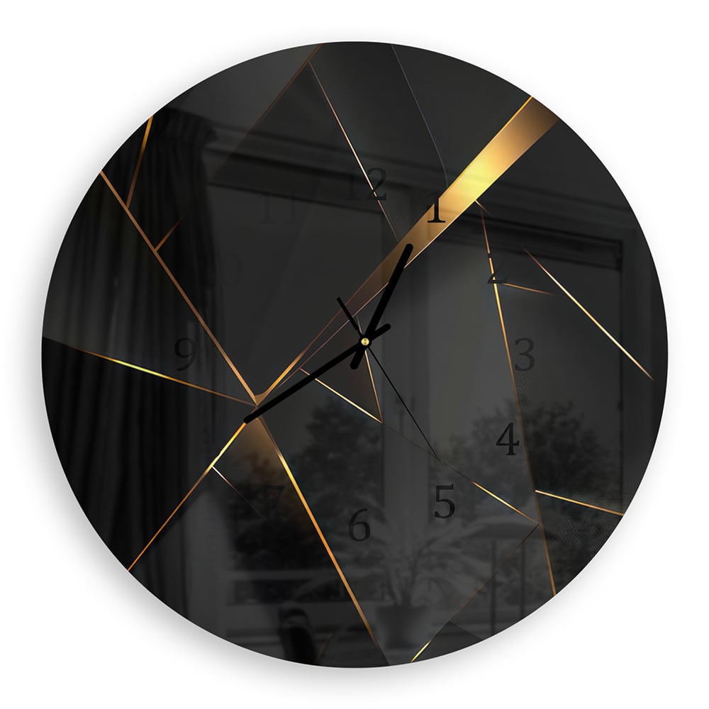 Wanduhr Rund - Goldene Linien auf schwarzer Geometrie