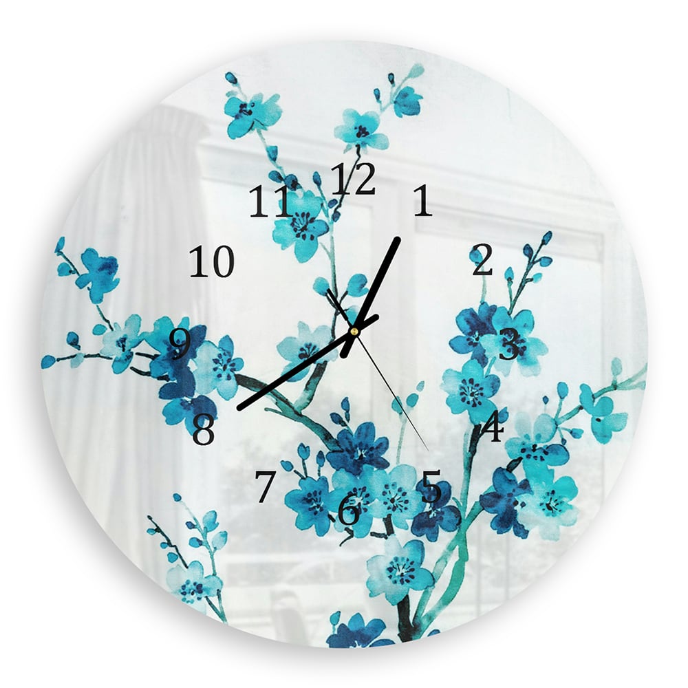 Wanduhr Rund - Aquarellmalerei blaue Blumen