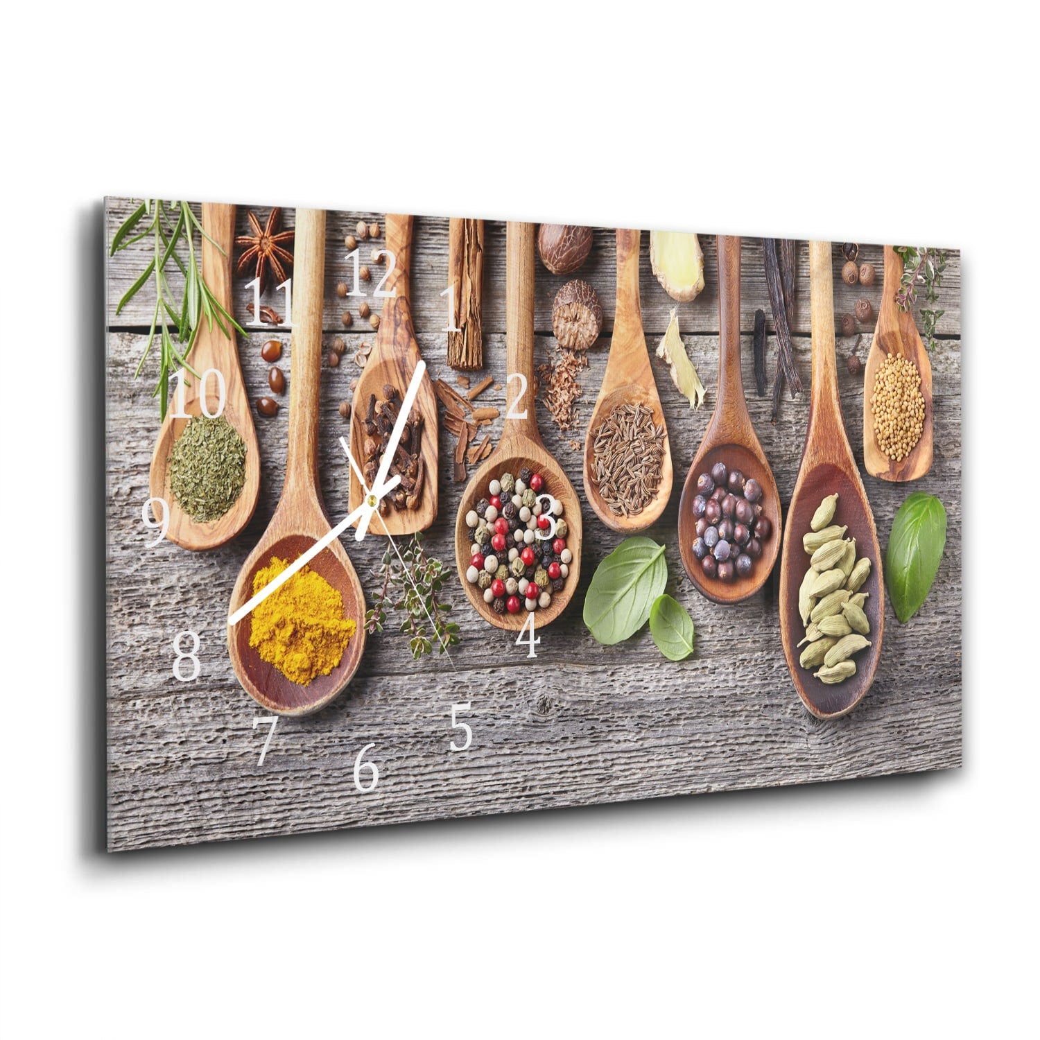 Wanduhr 60x30 - Holzlöffel mit Kräutern
