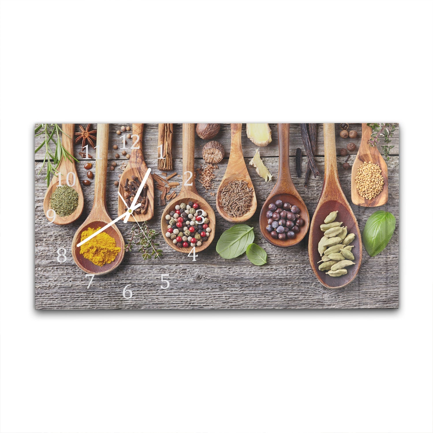 Wanduhr 60x30 - Holzlöffel mit Kräutern