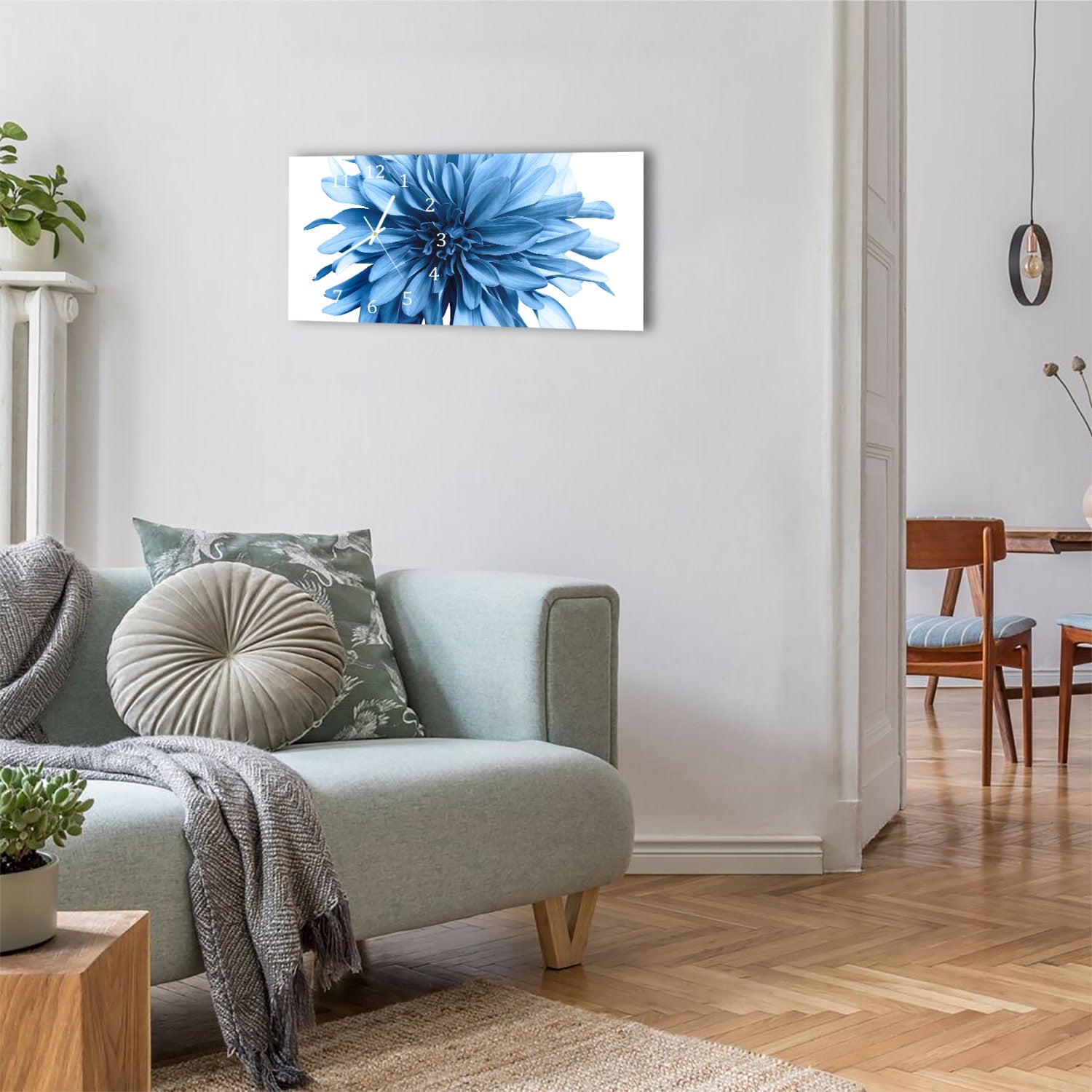 Wanduhr 60x30 - Hellblaue Dahlie