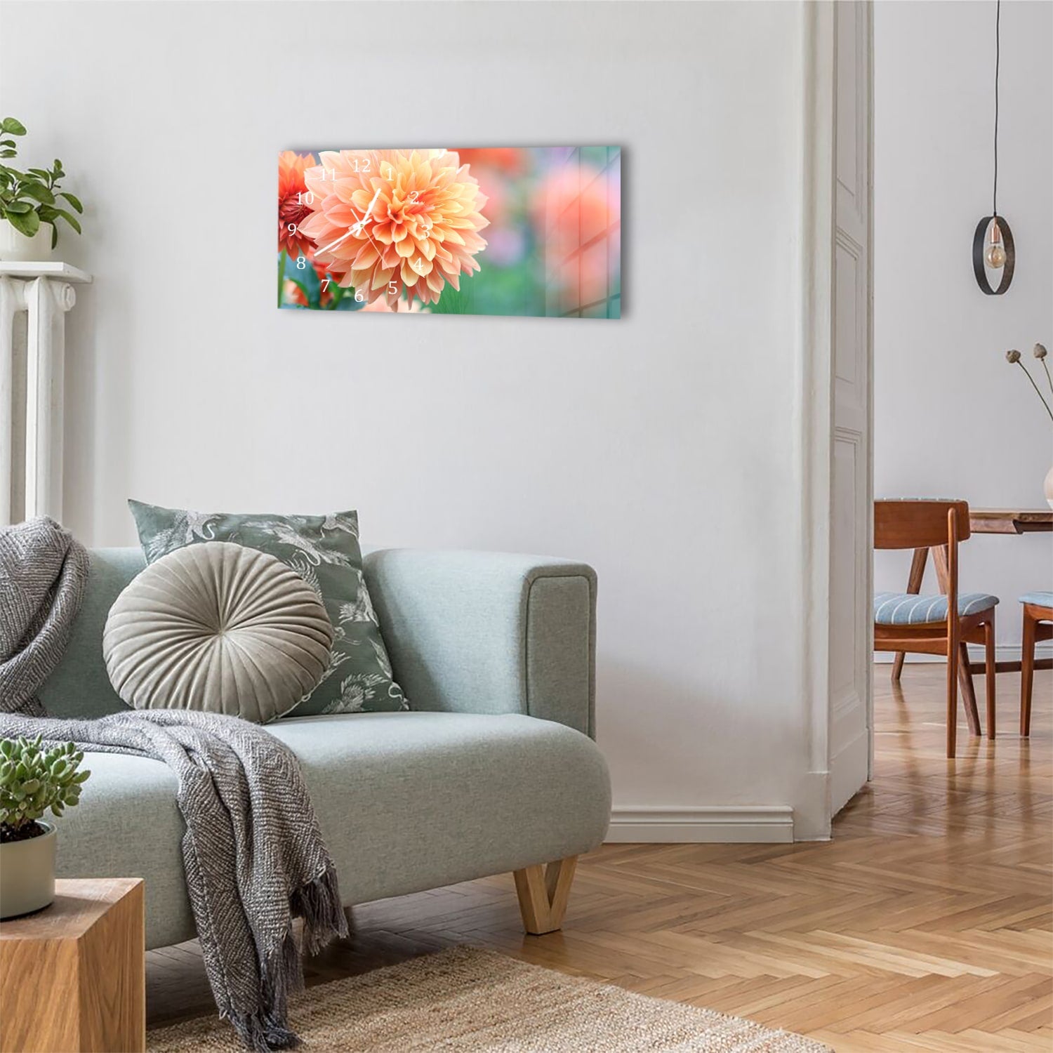 Wanduhr 60x30 - Rosa/Gelbe Dahlie