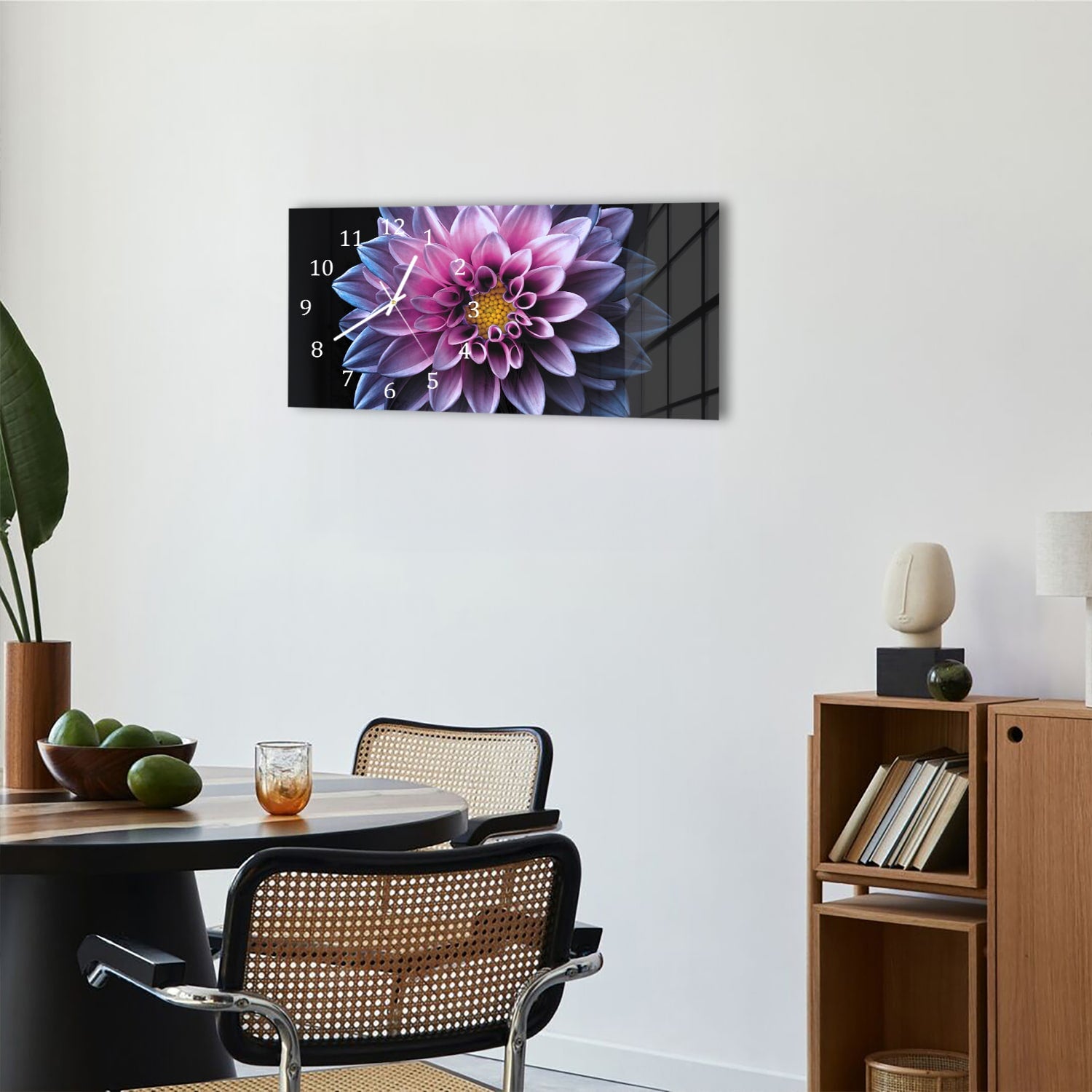 Wanduhr 60x30 - Blaue/Rosa Dahlie