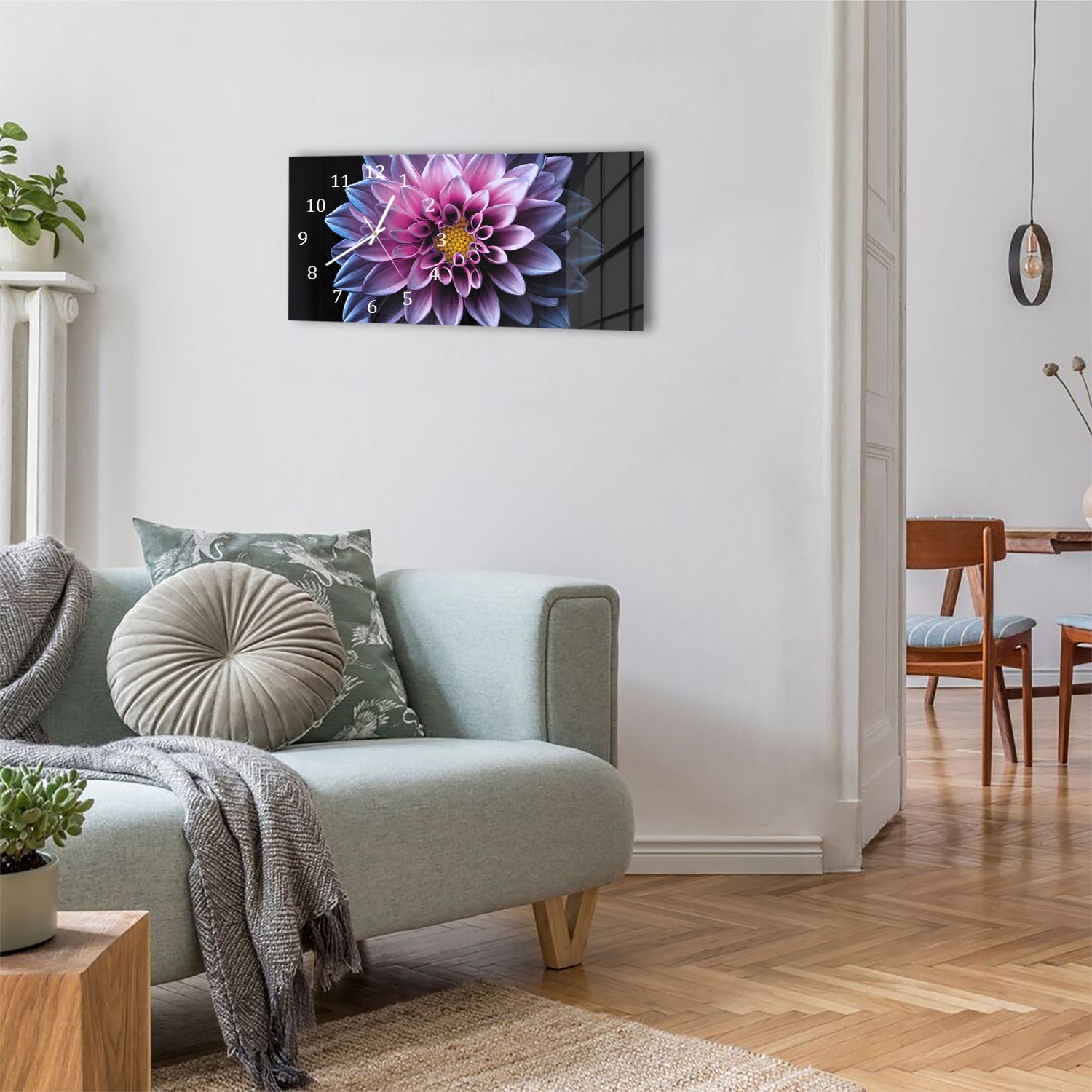Wanduhr 60x30 - Blaue/Rosa Dahlie