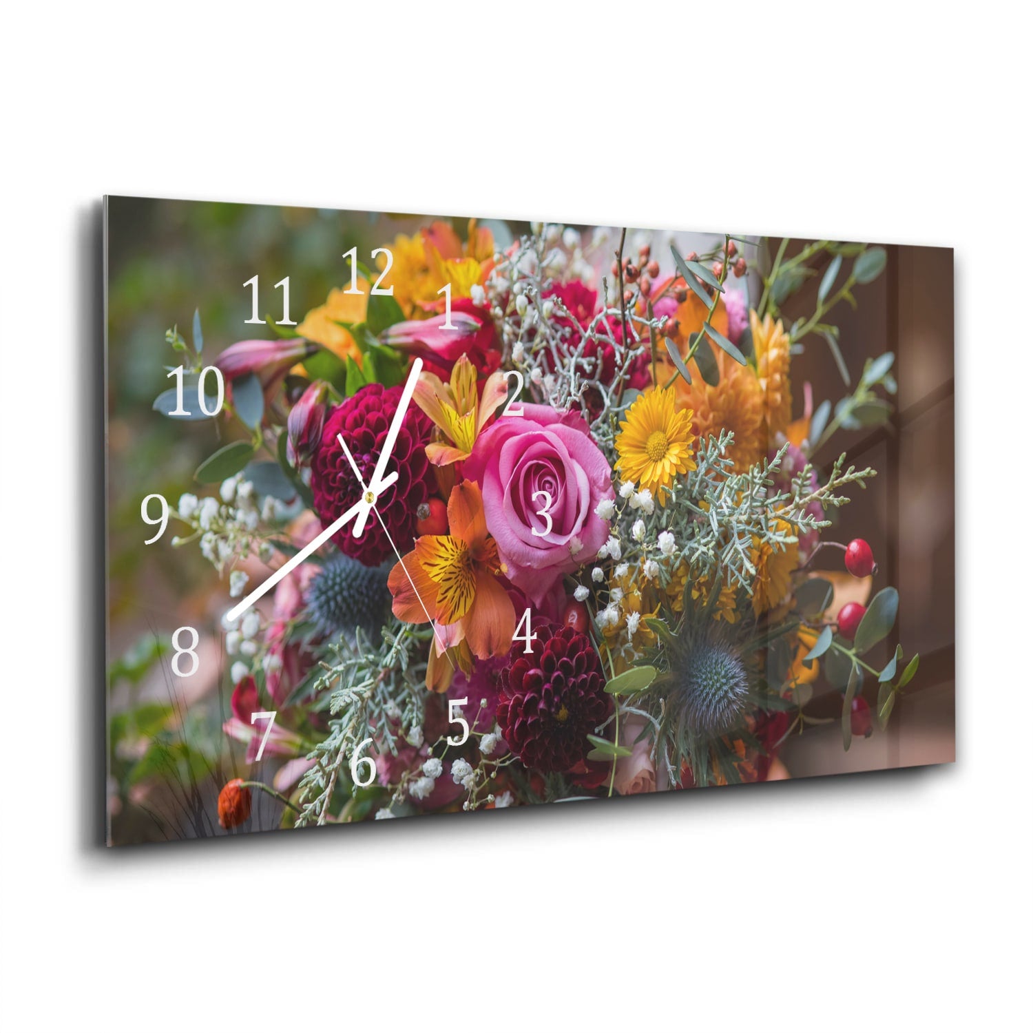 Wanduhr 60x30 - Bunter Blumenstrauß